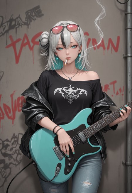masterpiece,best quality,absurdres,highres,very aesthetic,high quality,detailed,insanely detailed,beautiful, , (realistic:0.5), solo, 1girl
,  <lora:Jade  Illu:1> azjade, aqua eyes, medium hair, two-tone hair, single side bun, mole under eye, 
 guitar, solo, instrument, cigarette, electric guitar, smoking, shirt, jewelry, pants, smoke, black shirt, holding, , looking at viewer, eyewear on head, necklace, jacket, off shoulder, wristband, sunglasses, earrings, graffiti, tinted eyewear,, short sleeves, holding instrument, cowboy shot, t-shirt, nail polish,