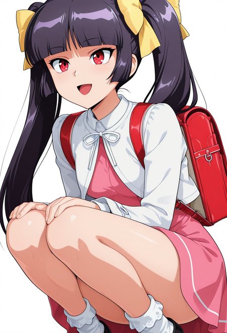 score_9,score_8_up,score_7_up,source_anime,5_figner,2d_animation,game cg,BREKE,1girl,solo,
zzSabrina, red eyes, long hair, blunt bangs, sabrina, purple hair, black hair, 
frilled socks,white jacket,pink dress,vinyl red school backpack,bobby socks,
squatting,twin tails, ribbon,
smile,cowboyshot,openmouth,
small breasts,
simple background,white background,
masterpiece,best qualit,ultra-detailed,illustration,an extremely delicate and beautiful,beautiful detailed eyes,unity 8k wallpaper,high resolution,anime CG,official_art,Erotic_style, anime_coloring, anime_screencap,