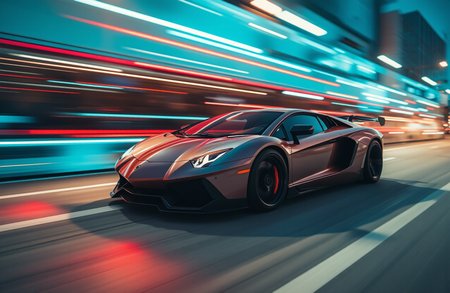 A supercar with vibrant lines of Turquoise and Rust behind it, conveying a sense of rapid acceleration and energy. The subject itself should be partially obscured by the motion blur, emphasizing the speed