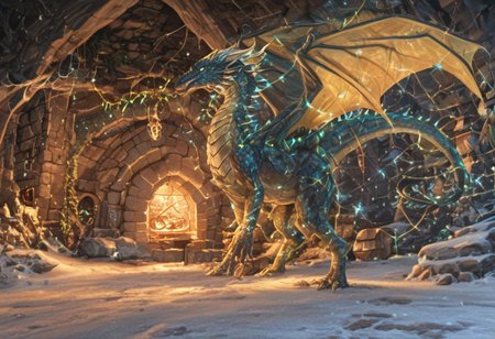Dragon in Christmas cave, cave, festive cave, Christmas decorations, Christmas lights
(((Sparkling, Sparkly))) glowing dragon, christmas dragon, dragon wrapped in Christmas lights, glowing matrix, glowing Christmas lights, hyper realistic, photorealistic, HD, High detail, High detail eyes, high detail face, wings, glowing wings, light scales, glowing Christmas lights on wings, glowing light scales, tail, tail wrapped in Christmas lights, four legs, 
BREAK 
Snowy background