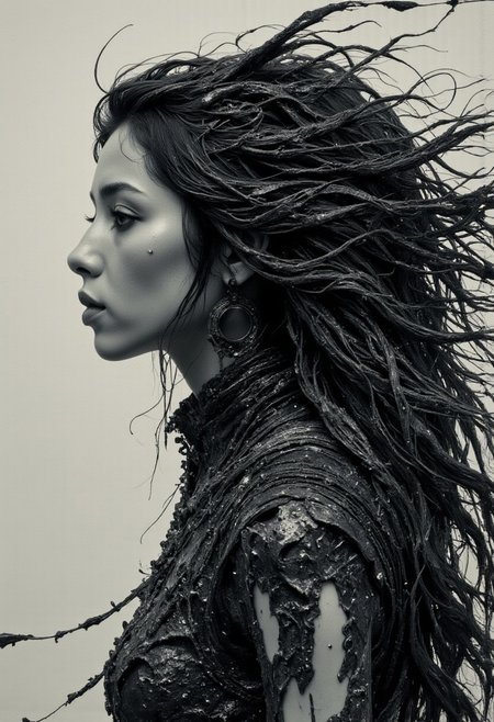 A hyperdetailed hyperrealistic moody photorealistic Portrait of a Woman, an analog Photography with deep depth that feels Like A surreal and hyperdetailed Monochrome Line artwork made of lines, created entirely from unbroken bold, flowing thick lines, forming an optical illusion. The image depicts a close-up portrait of a faceless ethereal being, with a busty figure and long, flowing hair seamlessly integrated into the linework. The head is a smooth, black shiny polished orb in place of a face, surrounded by black and white hues. The lines weave together to create intricate patterns and cinematic depth, drawing the viewer's eye through the composition with hypnotic precision, 16K