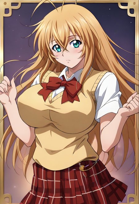 <lora:SonsakuhakufuPony_V01:1> sonsakuhakufupony, long hair, blonde hair, aqua eyes, hair between eyes, antenna hair, large breasts, sexy, glamor, school uniform, red bowtie, yellow sweater vest, red skirt, plaid skirt, <lora:flat_sdxl:-0.2> <lora:Fixhands_anime_bdsqlsz_V1:1>,,,,,,,,,,,,anime coloring, anime screencap, 1girl,Solo ,, anime,PUFFY nipple,huge breasts,,,official art, Uncensored ,Unedited ,,,,,,, ,,,,,,,