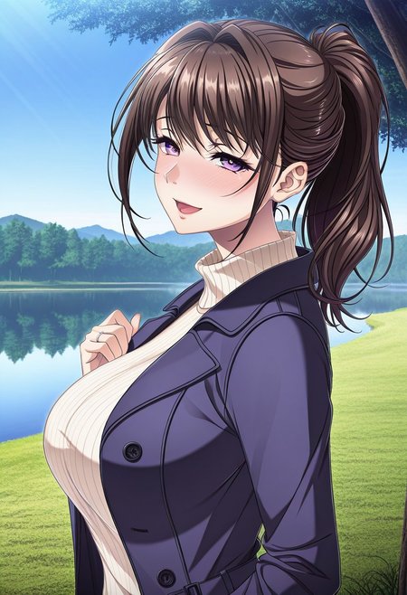 masterpiece, best quality, newest, highres, uncensored, 1girl, yokota mamoru style,1girl, slender face，motion lines,blush,torogao,looking at the viewer,seductive smile
Ichinose Ayako,Brown Hair, Ponytail, Shoulder-length Hair,Long Hair, Sidehair, Straight Hair,Violet Eyes,Slim
1girl,solo
1girl, solo, purple eyes, breasts, ring, looking at viewer, outdoors, blush, large breasts, brown hair, wedding ring, jewelry, day, smile, tree, sweater, open mouth, coat, open clothes, sky,sideview,from side,lake,tree,grass