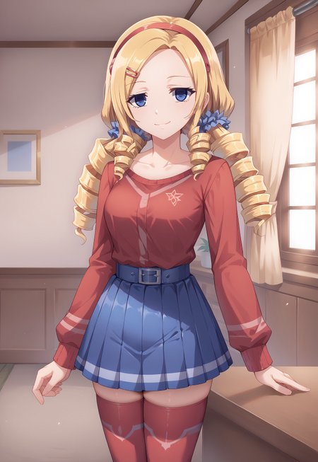 score_9, score_8_up, score_7_up, Solution_Epsilon, hair ornament, drill hair, blonde hair, empty eyes, blue eyes, blue skirt, hairclip, pleated skirt, hairband, scrunchie, red thighhighs, smile, smirk, indoors