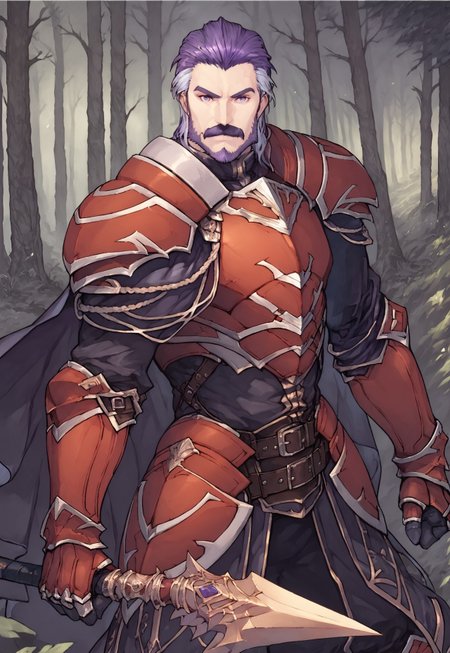 score_9, score_8_up,  Duessel, facial hair, mustache, two-tone hair, purple hair, grey hair, greyish purple eyes, armor, pauldrons, belt, gauntlets, looking at viewer, forest, smile, cape, dynamic pose, holding a polearm, dutch angle,