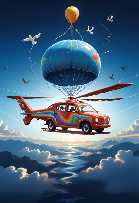 ppstorybook, A whimsical, flying van made of shingles with rainbow-colored paint and oversized wheels, soaring through the clouds with balloons made of shingles trailing behind, surrounded by fluffy clouds made of shingles and playful birds made of shingles , depicted in a cheerful, cartoonish style with soft pastel hues. mad-shingles