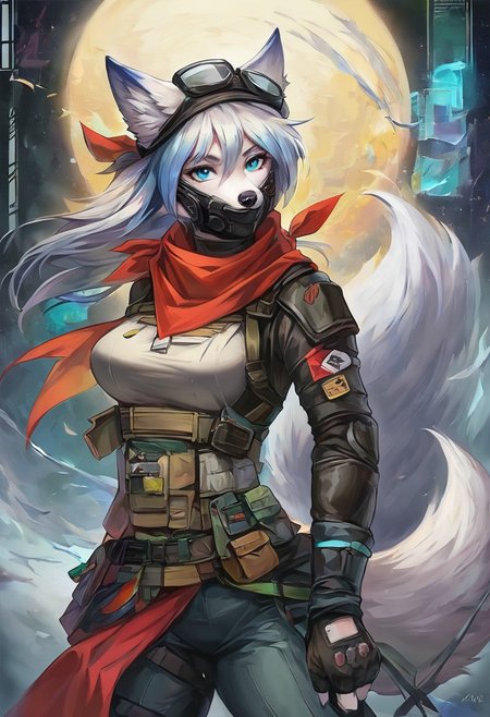 Score 9, Score_8_up, Score_7_up, ng_deepnegative_v1_75t, negative_hand, charturnerv2, knee-deep portrait of adult female,  banners, starship, high technology, shirt, fingerless gloves, soldier uniform,, , anime, Arknight provens, detailed background, cyberpunk, bandana, facemask, furry, arctic fox species, arctic fox tail, arctic fox ears