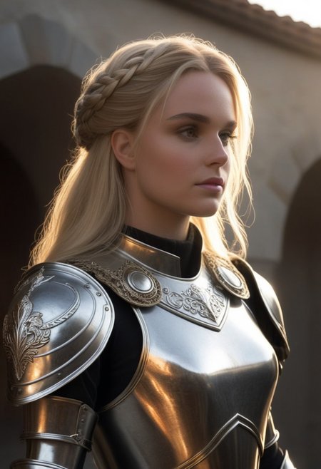 A female paladin, clad in meticulously crafted, highly reflective plate armor, stands in a vaguely European medieval setting. Sunlight bathes the scene, glinting off the polished steel and creating a halo effect around her blonde hair, styled in a practical updo. The image is a medium shot, taken from a normal angle, emphasizing the ornate detail of her armor and the serene confidence in her expression.  Background figures in similar attire are slightly out of focus, suggesting a military procession or gathering. The scene could be enhanced with atmospheric elements like dust motes dancing in the sunbeams and the subtle suggestion of a flag or banner rippling in the background, adding a sense of grandeur and narrative context.  Hyperrealistic digital illustration, octane render, volumetric lighting, anamorphic lens flares, global illumination, high dynamic range, s-curve contrast, filmic gamma curve
 (8k uhd:1,4)
 <lora:add-detail-xl:1>
 <lora:Dynamic Poses:1>