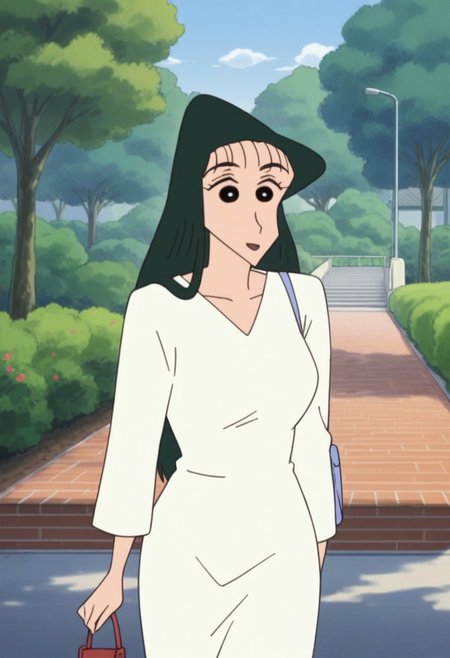 (1girl:1.3), (score_9, score_8_up, score_7_up, score_6_up, score_5_up, score_4_up), (source_anime), rating_questionable, (cowboy shot:1.3), smile, <lora:ohara_nanako_v6:1> (ohara-nanako, black eyes, green hair, long hair, slicked back hair, forehead), (large breasts),  outdoors, park, garden, walking, open mouth,  arm up, white shirt, long skirt, porch,