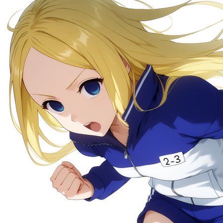 pixiv masterpiece, source_anime, score_9, score_8_up,  score_7_up, score_6_up, absurd res, BREAK
 <lora:Nino_arakawa_under_the_bridge_illu_v24-000017:1>, nino_arakawa_il, 1girl, solo, tracksuit, number_tag, small breasts, concentrated, white background, simple background,  clenched fist, blue_shorts
