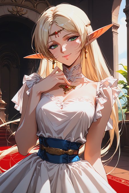 score_9, score_8,  score_7, score_6_up, score_5_up,
deedlit, circlet, white dress, ball gown, updo, bare arms, short hair, 
beautiful face, 24 years old,
smile, green eyes,
bangs,
record of lodoss war,
upper body, 
palace, indoor, red carpet, medieval style dress, blue waist belt, open cest,
<lora:Degen_Deedlit_v1:0.55>,  <lora:TOO_NobuteruYuuki_v3B_PonyXL:0.55>,  <lora:PirotessXLpony001:0.3>,  <lora:Urushihara Satoshi_XL_PONY_V2:0.4>,  <lora:Sinozick_Style_XL_Pony:0.2>,  <lora:DefaultZ17:0.2>,  <lora:style1:0.2>,   <lora:pixivtext2:0.2>,