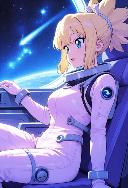 kohaku_(dr_stone),  :3, ultra detailed, masterpiece, best quality, 1girl, solo, adult, indoors, space suit, sitting, seat, windows, futuristic vehicle, space, stars, galaxy, pastel colors, vintage, intricate detailed, finely detailed, amazing detail, from side, smile, :o, awe, shadows, dim lighting, cowboy shot,