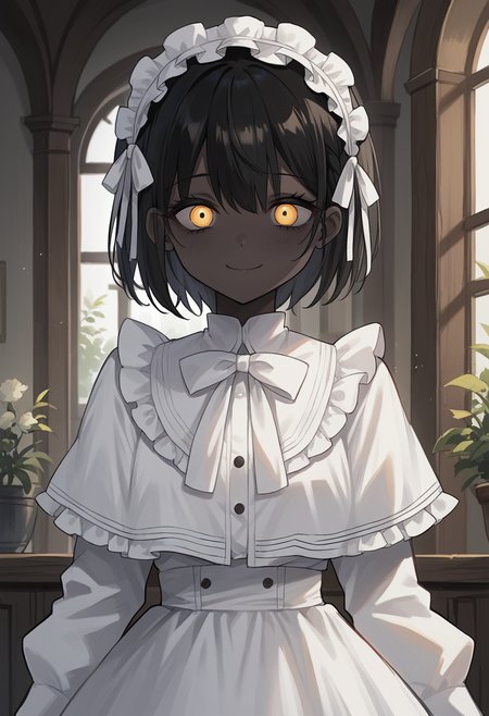 masterpiece, best quality, uncensored, source_anime, score_9, score_8_up, score_7_up, score_6_up, score_5_up, score_4_up, 1girl, solo, theprincess, dark-skinned female, very dark skin, black hair, short hair, yellow eyes, maid headdress, frilled hairband, white dress, long sleeves, capelet, white bow, smile <lora:ThePrincess:0.8>