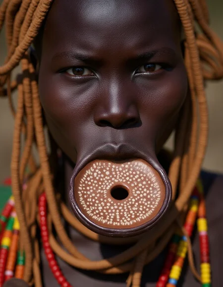a Murs1 woman, showcasing her distinct facial features and traditional adornments. Her skin is a rich, deep brown, with high, prominent cheekbones and a broad, flat nose, emphasizing her striking natural beauty. Her piercing gaze exudes strength and wisdom, a reflection of her cultural resilience. Her ears are adorned with intricately designed wooden or clay plugs, extending her earlobes in traditional style. Around her neck are multiple layers of carefully hand-strung, colorful beaded necklaces, each bead telling a story of heritage and identity. Her hair is styled in short, tight braids coated with organic mud and natural pigments in earthy ochre tones. The iconic large ceramic lip plate (dhebi a tugoin) accentuates her appearance, decorated with fine hand-painted patterns symbolizing Murs1 artistry. Every detail, from her facial features to her traditional jewelry, is rendered in highly realistic textures and vibrant detail, capturing the essence of her identity within the cultural context.
<lora:mursi:1>, beautiful light set up,  dynamic range  lighting, RAW candid cinema, 16mm, color graded portra 400 film, remarkable color, ultra realistic, textured skin, remarkable detailed pupils, realistic dull skin noise, visible skin detail, skin fuzz, dry skin, shot with cinematic camera