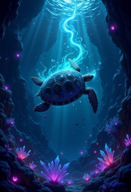 aidmaMJ6.1, aidmaimageupgrader, An extremely detailed, dark fantasy scene featuring a cute yet mysterious turtle swimming through an enchanted ocean. The water is deep and dark, with swirling currents of magical energy glowing faintly in vibrant, eerie hues—neon purples, deep blues, and glowing greens—casting an otherworldly light across the ocean depths. The turtle’s shell is beautifully detailed, but instead of natural patterns, it is adorned with shimmering arcane symbols and faintly pulsating runes, hinting at its magical nature. It glides effortlessly through the water, surrounded by magical water streams that swirl around it like living entities. Below, a fantastical coral reef stretches across the ocean floor, but unlike a typical reef, it’s composed of glowing, crystal-like formations and dark, bioluminescent plants that pulse with dark magic. The fish are replaced by shadowy, ethereal creatures that flicker in and out of existence, adding an eerie yet captivating feeling. Soft beams of mystical light pierce through the water from above, creating glowing trails as they interact with the turtle’s magical aura. The entire scene is infused with a sense of awe and wonder, filled with dark magic and surreal beauty, capturing both the charm of the turtle and the mysterious, magical world it inhabits. (Art style of disney)