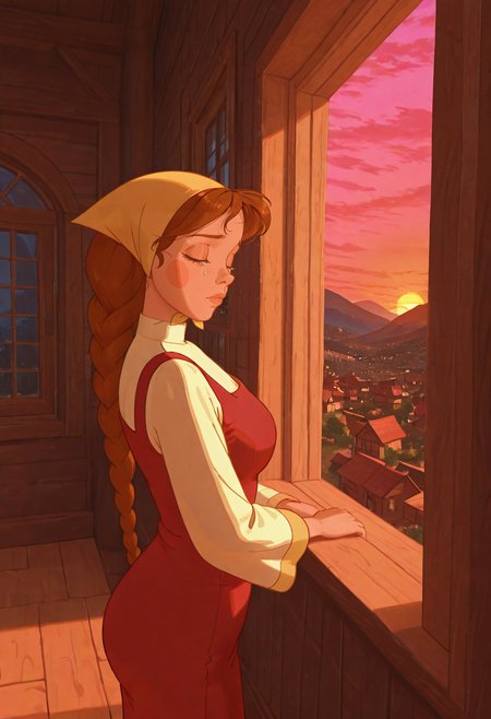 blue hour shot of  mature female,
<lora:spletni:1> spletniza, 1girl, braid, dress, solo, red dress, long hair, brown hair, outdoors, boots, single braid, blush stickers, upper body,  looking at viewer, closed eyes,  from above ,indoors, a pink sunset, rays of the sun, sad, looking away, tears in her eyes, standing near the window, village, from side, head scarf,
<lora:NOOB_vp1_detailer_by_volnovik_v1:1> <lora:DarkerThanBlackIllustrious:0.6>. Cool light, twilight, peaceful, moody
