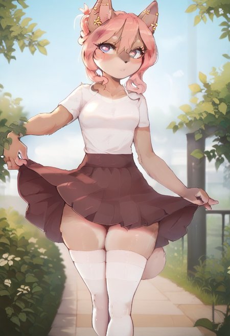 score_9, score_8_up, score_7_up, score_6_up, PRSNL,A beautiful park, a bench, a beautiful sunset behind, a beautiful pink sunset,snstsplndrCE style,  Hazel Typh, 1girl, best quality, furry, brown fur, pink hair, animal ears, gold piercing, heart-shaped pupils,Closed chest, animal nose, pink eyes, hair bun, white thighhighs, stripped thighhighs, Raised skirt, Stands at full height,