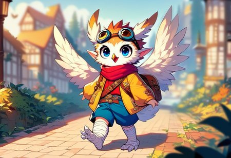 score_9, score_8_up, score_7_up, source_cartoon, 1boy, solo, full body, owlfolk, child, thin body, explorer outfit, ((yellow feathers)), orange hair, white face, white beak, blue eyes, three fingers, white hands, white face, long white tail, wolf tail, (huge pointed ears), white ears, yellow jacket, open jacket, red shirt, blue shorts, red scarf, white leg wraps, two-toed feet, goggles on head, satchel on waist, outdoor, fantasy background, nature, blurred background, cheerful, smile, open mouth, wings, cowboy shot