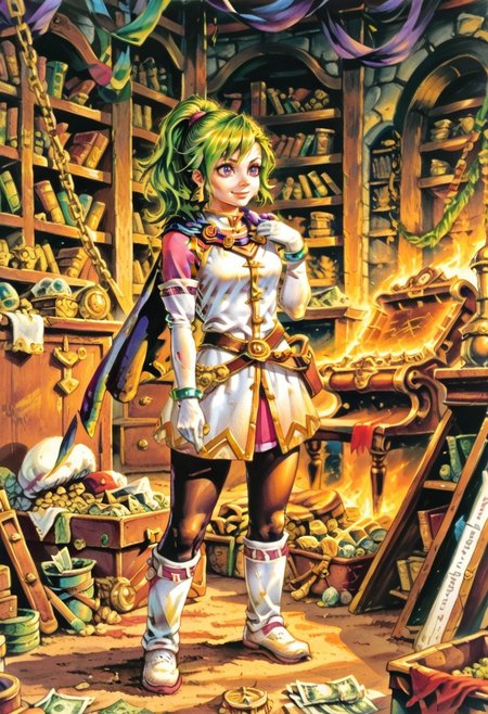 safe_pos, score_8, score_8_up, score_7_up, elmore_style, traditional media,  1girl, solo, female focus,  solo, Karis_GS, green hair, ponytail, bangs, asymmetrical hair, sidelocks, purple eyes, triangle earrings,capelet, blue capelet, small breasts, mandarin collar, coat, white coat, ribbon trim, gold trim, undershirt, pink shirt, pink sleeves, crossed belts, miniskirt, pink skirt, white gloves, elbow gloves, bracelet, black pantyhose, white boots, knee boots, indoors, gold, treasure hoard, chest, piles of money, smile, awe,