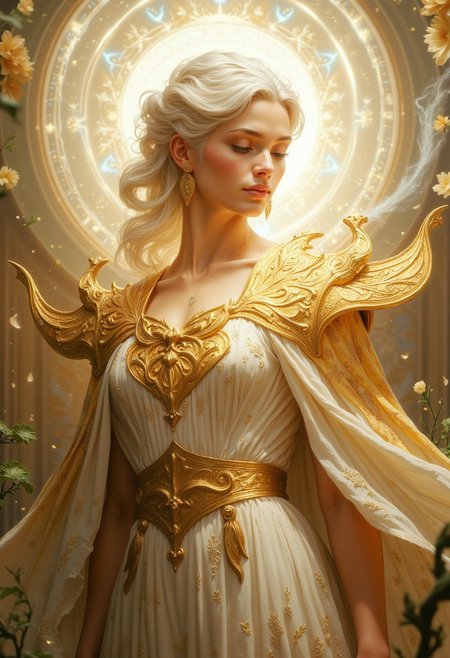 A regal head-and-shoulders portrait of a woman standing amidst an ethereal and luminous setting. Her platinum blonde hair is intricately styled into an elegant updo, with loose curls cascading gracefully down her shoulders. She is adorned in a flowing golden-white gown with delicate pleats and lace accents, cinched at the waist with a finely detailed belt. Her ornate golden mantle, shaped like a blooming flower, frames her upper body, evoking a divine, celestial presence. The background is a swirling mix of misty whites, warm golds, and faint greens, dotted with subtle hints of organic elements like vines and blooming flowers. Her serene expression, highlighted by soft pink lips and glowing skin, conveys grace and wisdom. Golden light radiates around her like a halo, further enhancing the divine atmosphere. The scene feels like a moment frozen in time, capturing beauty, power, and tranquility.