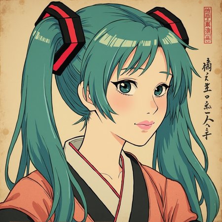 Aa weathered and dated ukiyo-e painting of portrait of Hatsune Miku
Edo-period, fashion, female-figures, everyday-life, Japanese, nature, portraits, Ukiyo-e, woodblock