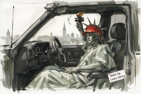 Wcol style. Sketch painting of the Statue of Liberty, seated in the driver's seat of an oversized car. She's wearing a bright red MAGA cap, and she is sleeping, one hand lazily gripping the wheel while her torch rests on the passenger seat. The car's dashboard has a classic "USA" emblem, and there are tiny Z's floating above her head, showing she's drifting into sleep.
Outside the car windows, familiar American landmarks blur past, adding to the sense of her dozing while at the wheel. A quirky bumper sticker on the back of the car reads: "Wake Up, Lady Liberty!"
 <lora:schnell_v1.0:1.0> <lora:Eldritch_Paint_Sketch_for_Flux_1.0.5:0.7> <lora:FLUXWatercolorV3:0.8><lora:791685210216497693:0>