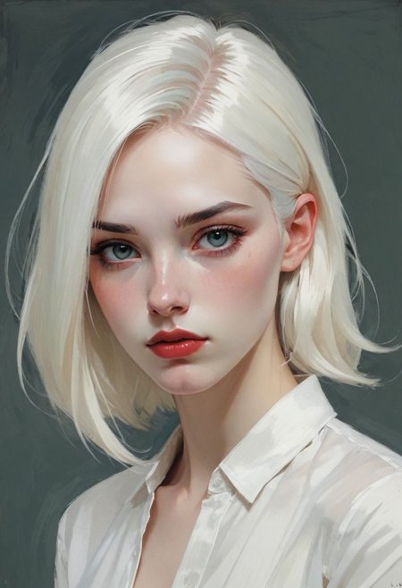 minimalist illustration, one woman, white hair, seductive, charming woman, charmful looking, captivating, minimalist, slender frame, detailed, headshot, painterly , style of malcolm liepke