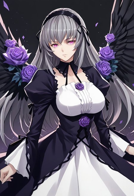 score_9, score_8_up, score_7_up, score_6_up, score_5_up, score_4_up, source_anime, solo, 1girl, 
suigintou, milf, pink eyes, grey hair, long hair, hairband, black wings, huge_breast, dress, long sleeves, puffy sleeves, frills, purple rose. 
masterpiece, best quality, very aesthetic, absurdres,
