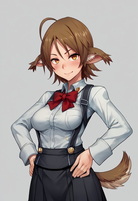 score_9, score_8_up, score_7_up, score_6_up, score_5_up, score_4_up, BREAK,  <lora:cmarket0826-sdxl-000028:1>, noa riads, 1girl, solo, breasts, blush, smile, short hair, simple background, brown hair, long sleeves, fluffy tail, ahoge, animal ears, dog ears, medium breasts,  swept bangs
shiny skin, school uniform, red bowtie, white shirt, black skirt, hands on hips, frown, blush, looking at viewer,
upper body, Eye focus
upper body
