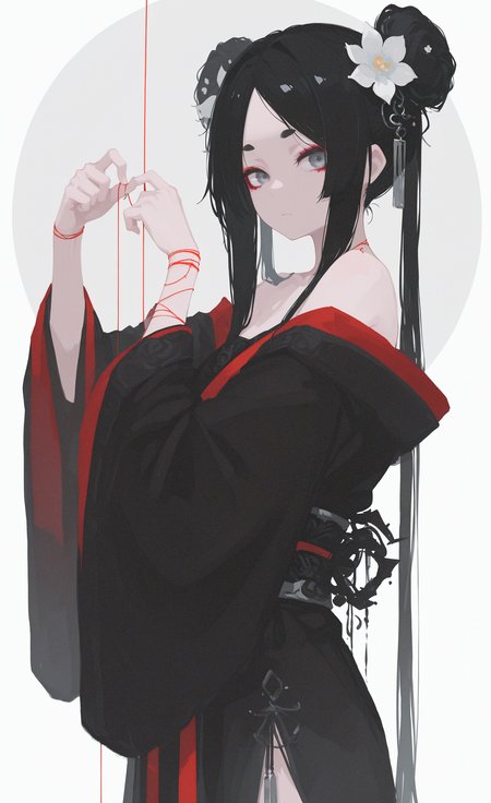 masterpiece,best quality,amazing quality, 1girl, solo, long hair, looking at viewer, delicate black hanfu, big eyes, Off-shoulder, clavicle, Red Eyeshadow, parted bangs, short eyebrows,thick eyebrows,black hair, long sleeves, hair ornament, white background, holding, ribbon, closed mouth, very long hair, twintails, flower, sidelocks, cowboy shot, hair flower, wide sleeves, grey background,off shoulder, hair bun, hands up, grey eyes, sash, double bun, expressionless, obi, white flower, string, circle, From Side, h4ra_illu, <lora:ponyv6_noobE11_2_adamW-000017:0.3> <lora:XXX667:0.5> <lora:96YOTTEA-WAI:0.5> <lora:hara_id_21:0.8>