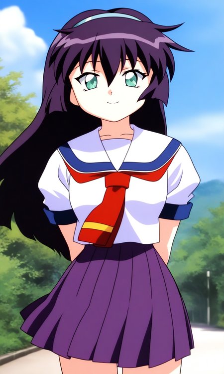 general,highres, ultra-detailed,very aesthetic,best quality ,best hands, BREAK  <lora:Amano_Misao_Pretty_Sammy_IS:1>
Amano_Misao, 1girl, solo, purple hair, long hair, bangs,  light blue hairband, green eyes,  hair between eyes, 
school uniform, purple skirt, short sleeves, pleated skirt, 
sailor collar, red neckerchief,
smile, arms behind back, looking at viewer, 
sky, outdoor, day,