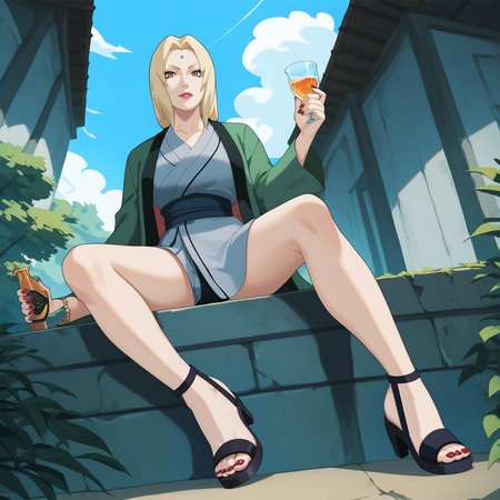 Perfect Hands,Perfect feet, score_9, score_8_up, score_7_up, score_6_up,  score_anime,1girl, tsunade (naruto),tsunade's green Jacket \(clothes\),red nails,leg up,looking at viewer, shoes, spread legs,  <lora:tsunade_train_v5-000009:0.9>,sitting, tsunade's sandals \(sandals\),from below, forehead mark,<lora:Perfect Hands:0.8>  <lora:Smooth_Anime_2_Style_SDXL_LoRA_Pony_Diffusion_V6_XL:0.8>