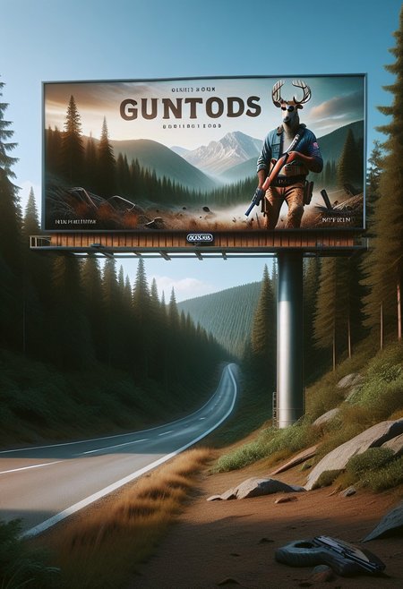 score_9, score_8_up, score_7_up, b1llb0ard, sign, BREAK 1boy, solo, anthro eagle, gun, american flag, BREAK forest, dirt road, trees, sky
