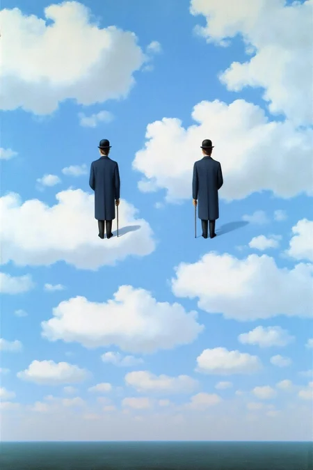 renemag1 painting.
two tiny figures of men floating in the sky. Both men are show in back view, facing away from the viewer. They are dressed in long, dark overcoats and bowler hats, with one man holding a cane. The sky is a bright blue with fluffy, white clouds scattered throughout, giving a serene and dreamlike atmosphere.
 <lora:renemag1_cap_d6a3:1.0><lora:829577537710619354:0>