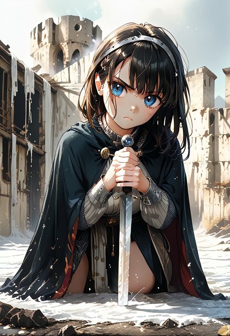 (score_9, score_8_up, score_7_up, score_6_up highest score, best quality:1.2), zPDXL3, good_hands, hi-res. 8k, adult, 1girl, black hair, medium hair, blue eyes, serious, standing BREAK <lora:Knighthood_Templars_PONY_edition:1> templar knight,  chainmail, cape, holding sword, full body, BREAK <lora:Both hand planted sword (pony) v1:1> both-hand-hilt, planted sword, hands on hilt, holding sword BREAK column, ancient ruins (outdoors:1.3), front view, (high quality:1.1), (ultra detailed:1.4), 
, <lora:pony_good_hands:0.7>, <lora:add-detail-xl:1>, <lora:xl_more_art-full_v1:0.5>