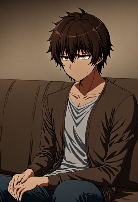 high resolution, solo, best quality, 1Boy, Seiya Kanie, Brownish Hair, deep talk, depression, sit, couch, OverallDetail