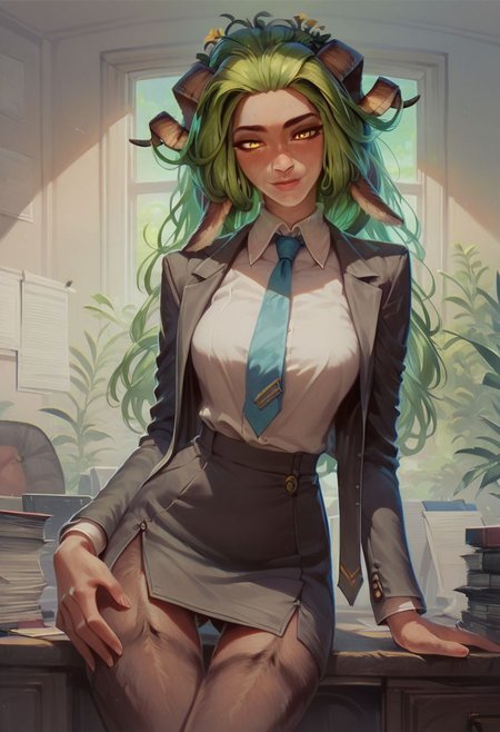 score_9, score_8_up, score_8, 1girl, green hair, goat eyes, detailed, high definition, perfect quality, yellow eyes, goat legs, seductive, posing, thigh gap, office setting, indoors, suit and tie, suit pants, dress shirt, tie, suit,