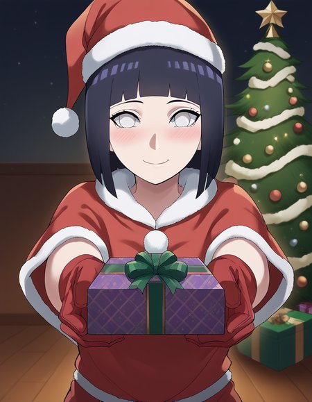 score_9, score_8_up, score_7_up, source_anime, <lora:hinata-hyuuga-boruto-anime-ponyxl-lora-nochekaiser:1>, hinata uzumaki, hyuuga hinata, short hair, bangs, black hair, blunt bangs, white eyes, mature female, large breasts,, <lora:santa-costume-ponyxl-lora-nochekaiser:1>, santa costume, santa hat, christmas, sack, merry christmas, gift, fur-trimmed headwear, holding sack, santa dress, fur-trimmed dress, christmas tree, christmas tree, fur trim, red capelet, gift box, red gloves, fur-trimmed capelet, santa gloves, red hat, hat,, smile, blush, looking at viewer, <lora:incoming-gift-ponyxl-lora-nochekaiser:1>, incoming gift, outstretched arms, holding, holding gift, gift, gift box,,