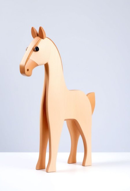 (expert craftsmanship:1.8), (high resolution, product photography, photo studio background:1.2), (modern wooden toy animal, equine creature:1.8), (fine wood, realistic wood material:1.5), (simple form, abstract form, multiple parts:1.9), (finely crafted parts, simple shape, elegant shape, ambiguous shape, stout shape, innocent shape:1.4), (hand-painted, comfortable, playful, friendly:1.5), (tall, lanky, whimsical:1.7), (Bauhaus Design aesthetic:1.7)