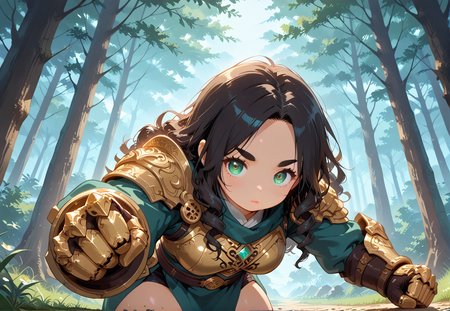IllusP0s, PonyScores7, source_anime, ah1, IllustriousQual, interesting, exciting, spectacular, wonderful, 
BREAK <lora:xl_more_art-full_v1:0.2>, <lora:aesthetic_anime_v1s:0.2>, <lora:EpicF4nta5yXL:0.2>, <lora:detailxl:0.2>, detailxl, <lora:Fant5yP0ny:0.2>, amazing quality, best aesthetic, absurdres, illustration, Volumetric_Lighting, ultra-detailed, very aesthetic, intricate details, best_quality
BREAK (((dynamic pose))),
BREAK Stable_Yogis_PDXL_Positives, AS-Adult, <lora:Complicated fantasy portrait - XL Pony V2.0:0.2>, bad-hands-5, <lora:HDA_Detailer:0.3>, <lora:natsumi_style:0.5>, <lora:by_usakun-pony:0.4>, by usakun, <lora:Akina_Bbw_Style_-_PonyXL:0.2>, AkinBw, ((low-angle shot)),
BREAK 1girl, mature female, (curvy), round-chin, caucasian, <lora:ETO_OC_Illustrius:0.5>, eto_oc, skindentation, (plump), thick thighs, wide hips, busty, voluptuous, <lora:venus body PonyXL:0.3>, <lora:shinyskin2:0.2>, glistening skin, HDA_FatGirlXL, 
BREAK ((<lora:XL_Weapon_Fist_Gauntlets_-_By_HailoKnight:0.8>, fist gauntlets)),
BREAK (curly hair), long hair, (black hair:1.4), (parted hair:1.7), messy hair, kinky curls, <lora:hairdetailpxl:0.2>, hairdetailpxl,
BREAK (half green and brown eyes), (colorful eyes), (multicolored eyes), (downturned eyes:1.4), <lora:expressive eyes:0.2>, expressive eyes, <lora:eyedetailpxl:0.2>, eyedetailpxl, <lora:Eyes_High_Definition:0.2>, EyesHD, (round face:1.2), (thick eyebrows:1.3), (plump face), <lora:Round_face:0.2>, lips, 
BREAK ((dashed eyes expression)), <lora:Expressive_H:0.2>, Expressiveh, <lora:Emotional_Anime_Expressions_PonyXL_Concept:0.2>, emotional, <lora:Best_Facial_Expression_LoRA_PONY:0.2>, looking at viewer, <lora:Detailed expressive EXEV style -XL Pony V1.0:0.2>, FaceDetail,
BREAK (((A forest where the trees are made of light, and their branches twist and spiral into impossible shapes))), <lora:Background Detailer - SDXL:0.8>, 4k, 8k, Ultra HD, Masterpiece, Best quality, Detailed background, <lora:Add_more_details_V2_XLpony:0.4> full_details,