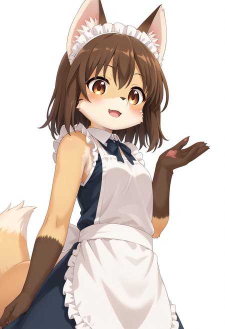 score_9, score_8_up, score_7_up, source_furry, kmc, <lora:FoxGirl_pony_v1:1>, anime screencap, furry female, furry, animal ears, tail, tareme, brown eyes, looking at viewer, blush, fox ears, brown hair, medium hair, smile, open mouth, maid, maid apron, maid headdress, fox tail, upper body, from below side, simple background, white background, <lora:p:0.3> <lora:Anime_Screencap:0.7>