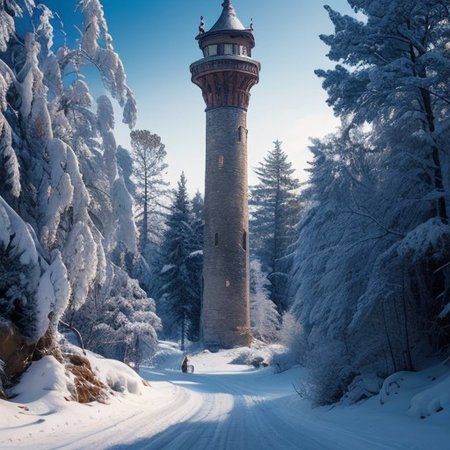 realistic analog photo, award winning photo, vary wide shot of stone witow tower:1.3, no humans, scenery, blue sky, Style-Winter, forest, dirt road, grassland, nature, outdoors, RAW, highres, 8k, uhd, High Dynamic Range, tonemapping, crisp details,