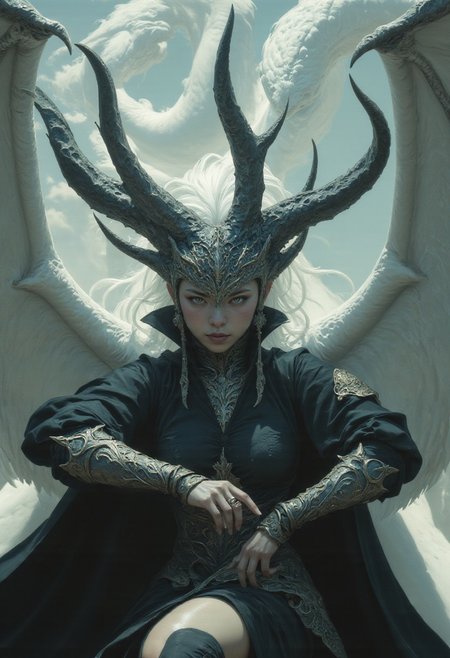 4qu4, UHD 32k fantasy movie still, Asian Princess stretching arms becoming white wings and growing dragon horns, half-body portrait, closeup, white hair, intricate detailed face, beautiful face, outside palace background, trending on artstation, sharp focus, studio photo, intricate details, sharp focus, studio photo, intricate details, highly detailed, sf, intricate artwork masterpiece, ominous, matte painting movie poster, golden ratio, trending on cgsociety, intricate, epic, trending on artstation, by artgerm, vibrant, production cinematic character render, ultra high quality model, studio lighting, detailed skin, ultra realistic, bokeh, sharp features, close up portrait photo, fantasy world, Stunning visuals, Texture, beautiful face features, High Detail, Perfect Composition, in shadow with shafts of light, high contrast, silhouetted, chiascuro, MurphFSF
