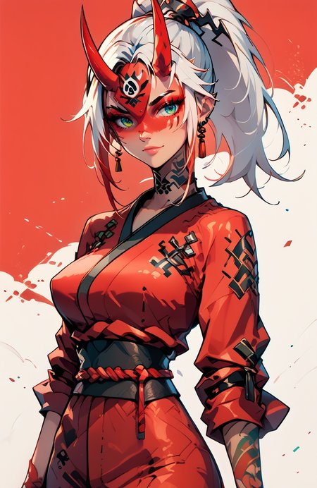 score_9, score_8_up, score_7_up, score_6_up,  1girl, oni mask, yakuza, looking at viewer, red kimono, ponytail, bangs, white hair, bangs large breasts, slim, puffy nipples. full arm tattoo, , pinup pose, portrait, illustration  <lora:1g0rXLP:0.8> <lora:Sinozick_Style_XL_Pony:0.75> <lora:add-detail-xl:0.8> <lora:CatalystStylePDXL:0.8> zzCitronCAT,, abstract background,, white outline, <lora:3DMM_XL_V13:0.8> 3DMM <lora:merged:0.8> <lora:PerfectEyesXL:0.8> green eyes, blue eyes, brown eyes, perfecteyes<lora:Dystopian Anime_epoch_15:1>,