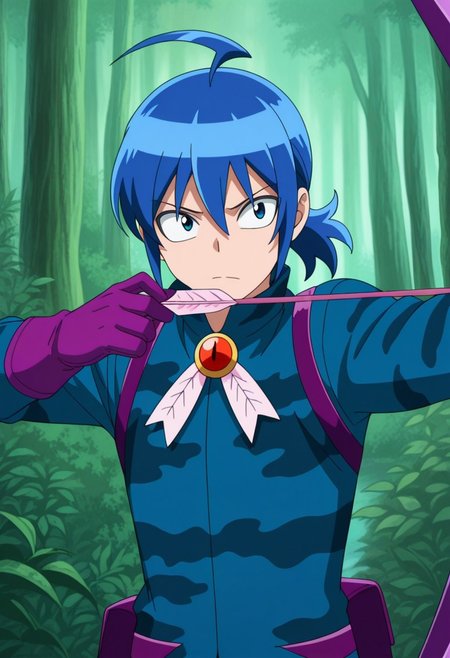 masterpiece,best quality,amazing quality, source_anime,
IrumaSuzuki, 1boy, male focus, solo, blue eyes, blue hair, ahoge, ponytail, jacket, camouflage jacket, blue jacket, brooch, gloves, purple gloves,
holding bow (weapon), holding weapon, holding, holding arrow, aiming,
outdoor, nature,