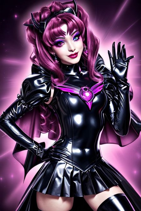 MEvil, EvlSM, Bad_End_Precure, DarkPrecure, adult, evil corrupted princess wearing dark pastel (ruffled:1) (gleaming latex:1) (sailor senshi uniform) with (long latex cape:1) and latex gauntlets, soft lighting, ruffles,
(makeup, lipstick, mascara, eyeshadow),
(red eyes, colored skin, glowing eyes, evil smile),
<lora:more_details:0.5>,