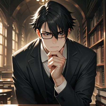 masterpiece, best quality, amazing quality, absurdres, newest, detailed background, definition so sharp, Ultra-HD, 8K cinematic, very awa, impressionate, amazing quality, highres, 
solo, male focus, manly, 
saruhikofushimi, saruhiko_black hair, saruhiko_black eyes, 1boy, short hair, glasses, looking at something off-screen, intrigued expression, hand on chin, suit, dim lighting, library, books, serious, intelligent, cool, charming