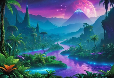 masterpiece,high resolution.
,alienworld, 
Jungle, river, blue and purple theme
, <lora:Alien_World-xl-8:0.6>, mountains with jungle on the horizon,