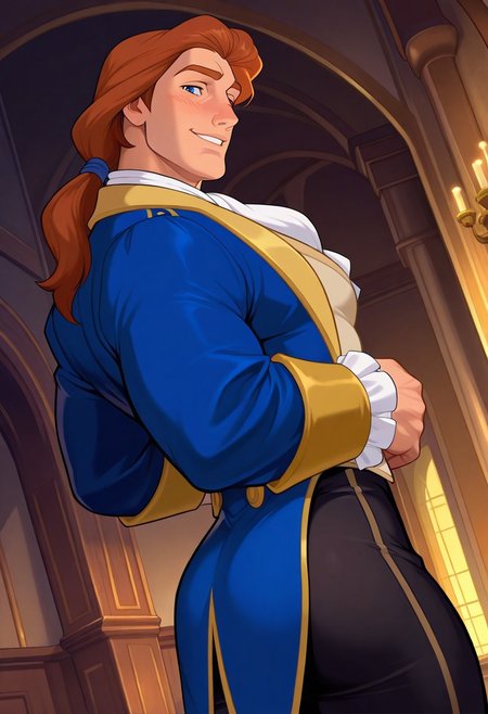 score_9, score_8_up, score_7_up, Masterpiece, Best Quality, beautiful eyes, detailed eyes, male focus, dynamic angle, dim lighting, blush lines, male focus, solo, face focus, front view, seductive smile, teeth, cowboy shot, standing, indoors, medieval castle, ballroom 
((male)), ((mature)), ((adult)), handsome, sexy, ((slender)), ((pecs)), ((bara)), ((twunk)), 
Prince_Adam_BTB, 1man, auburn hair, blue 
eyes, Adam_ball_outfit, ponytail, blue frock coat, yellow lapels, yellow cuffs, beige vest, black trousers, white frill collar, brooch on the collar, brown boots
back shot, from the back, looking back at viewer