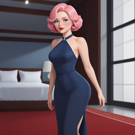 <lora:MrClaus_pony_v1:1>  MrsClaus, 1girl,  glasses, round eyewear,  solo, blue eyes, red lips, lipstick, makeup, pink hair,  short hair,  freckles, cowboy shot,  <lora:0932 Home wear 9_v1_pony:1> ruanyi0932,blue dress,halter dress,sleeveless,cowboy shot,taut dress,skin tight,long dress